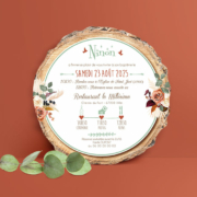 Faire-part de baptême original bohème découpé en forme de rondelle de bois avec les photos de votre bébé fille ou bébé garçon, jumeaux ou jumelles - modèle avec fleurs séchées de pampa et eucalyptus bohème - terracotta et sauge avec rose poudré pastel - style champêtre chic, campagne rustique. © studio postscriptum