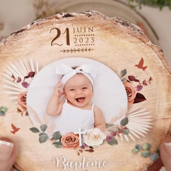 Faire-part de baptême original bohème découpé en forme de rondelle de bois avec les photos de votre bébé fille ou bébé garçon, jumeaux ou jumelles - modèle avec fleurs séchées de pampa et eucalyptus bohème - terracotta et sauge avec rose poudré pastel - style champêtre chic, campagne rustique. © studio postscriptum