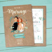 Faire-part de mariage bohème chic kraft fleur rustique bleu menthe poudré Faire-part, invitation ou save the date - Portraits dessin caricature