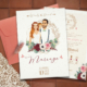 Idées de faire-part de mariage Bohème - modèle mint, rose et bordeaux avec eucalyptus - nature chic et élégant avec portraits en dessin d'après photos