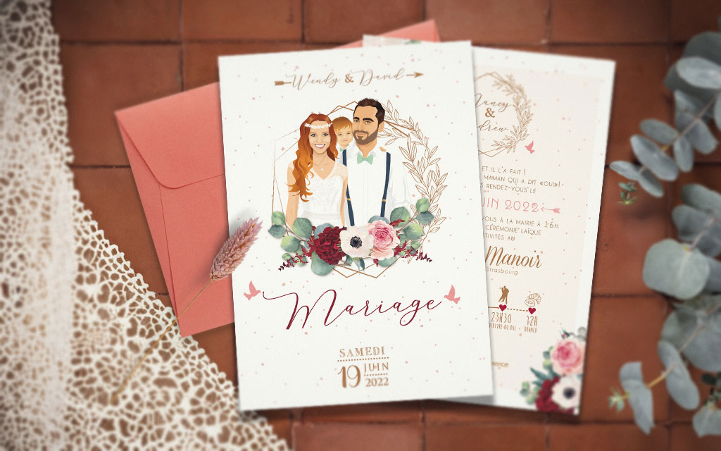 Idées de faire-part de mariage Bohème - modèle mint, rose et bordeaux avec eucalyptus - nature chic et élégant avec portraits en dessin d'après photos