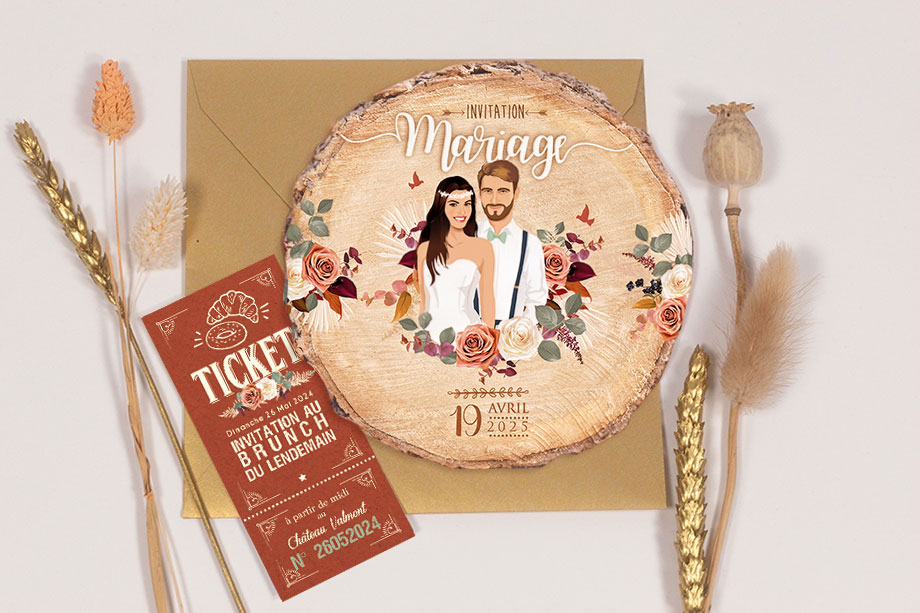Faire-part de mariage bohème chic original sous forme de rondelle de bois - terracotta sauge et fleurs de pampa