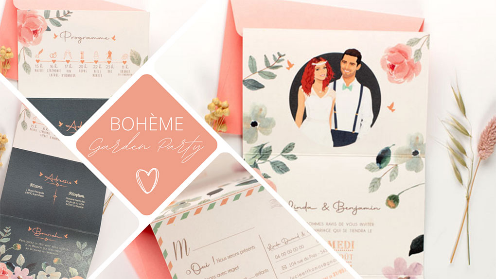 Faire-part de mariage bohème chic original couleur rose poudré, pêche abricot, orange corail, vert foncé et vert mint. Invitation garden party vintage