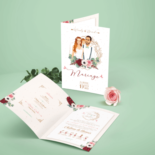 faire-part-boheme-rose-bordeaux-mariage Faire-part de mariage bohème chic pastel original. Invitation minimaliste élégante chic avec illustration couple en dessin d’après vos photos. Fleurs couleurs rose pastel et bordeaux et feuilles d'eucalyptus