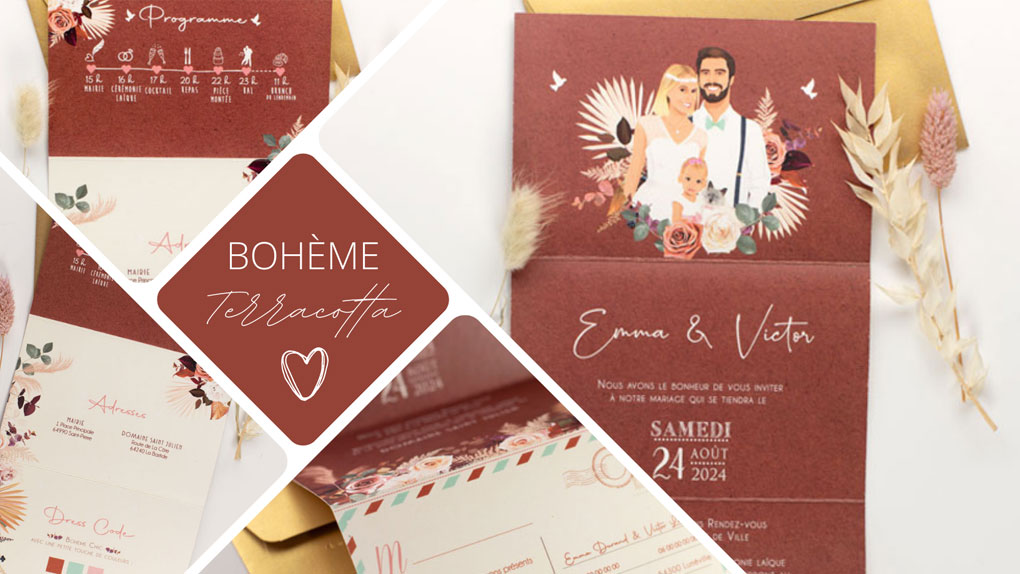 Faire-part de mariage bohème chic original – thème boho vintage terracotta et pampa - Invitation avec portrait de couple - dessin d’après vos photos. Vieux rose, bordeaux, mint et terracotta