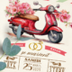 Faire-part original sous forme de billets ou de tickets vintage.Thème Voyage bohème Dolce vita vintage avec mobylette vespa rouge et vert. Invitation aquarelle pour mariage, Baptême, anniversaire, bar mitzvah.