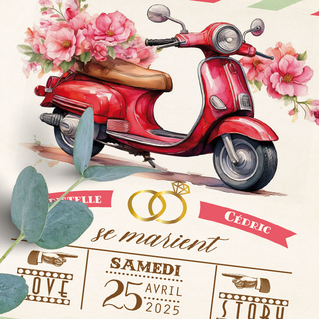 Faire-part original sous forme de billets ou de tickets vintage.Thème Voyage bohème Dolce vita vintage avec mobylette vespa rouge et vert. Invitation aquarelle pour mariage, Baptême, anniversaire, bar mitzvah.
