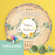 Faire-part de mariage original jaune – découpe en forme de rondelle de bois vintage fleurs couleurs jaune, Vert mint, vert eau avec feuilles d’eucalyptus. Style champêtre chic, campagne rustique. Invitation de mariage avec programme pictogramme dessins en ligne du studio postscriptum