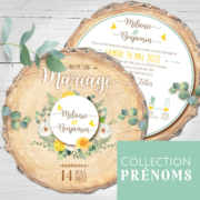 Faire-part de mariage original jaune – découpe en forme de rondelle de bois vintage fleurs couleurs jaune, Vert mint, vert eau avec feuilles d’eucalyptus. Style champêtre chic, campagne rustique. Invitation de mariage avec programme pictogramme dessins en ligne du studio postscriptum