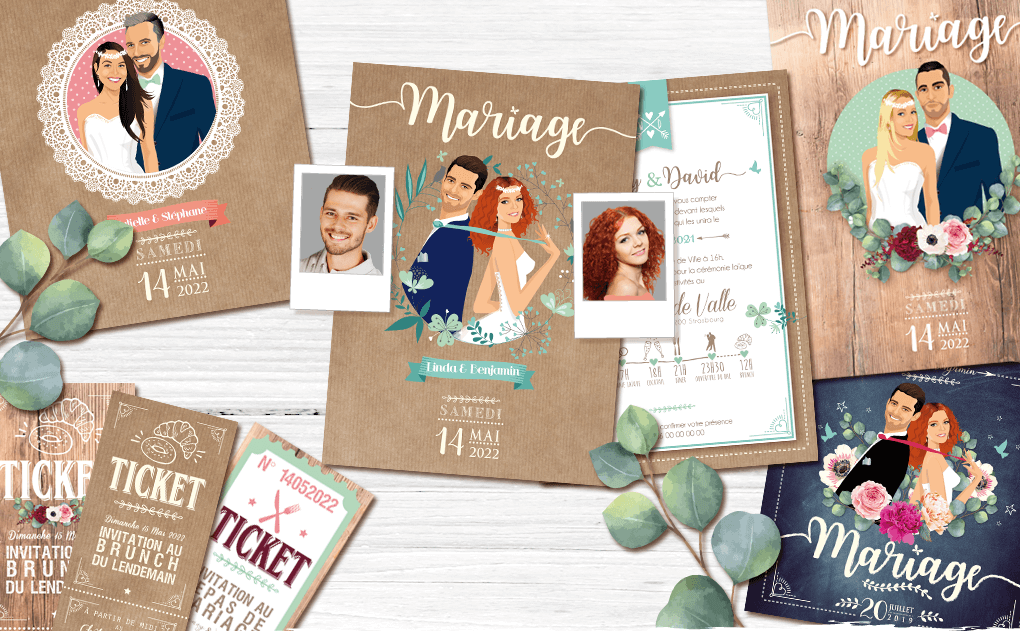 Mariage bohème champêtre nature - Faire-part, invitation ou save the date, menu thème campagne rustique avec kraft, dentelle et pois rose pâle. Portraits dessin caricature - chic vintage et romantique.