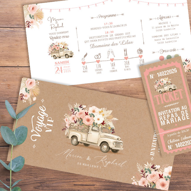 Invitation et faire-part de mariage champêtre chic à la campagne. Sous forme de billets de train et de tickets champêtre vintage.Thème bohème rustique vintage avec camionnette rétro et fleurs roses pastel et fleurs de pampa et de feuilles séchées romantiques. Invitation aquarelle originale pour mariage, Baptême, anniversaire, bar mitzvah.