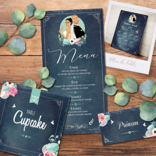 menus de mariage ardoise gourmand - noms de table carton ardoise gourmand macarons , plan de table de mariage ardoise gourmand, marque-place gourmand en complément d'un Faire-part de mariage original gourmand en forme de tablette de chocolat - Dessin Couple sur une tablette chocolat mint et rose poudré à pois et coeurs pastel - gourmandise chic et vintage – humour et drôle – candybar -