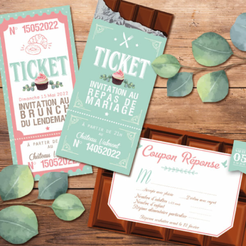 Faire-part de mariage original gourmand en forme de tablette de chocolat - Dessin Couple sur une tablette chocolat mint et rose poudré à pois et coeurs pastel - gourmandise chic et vintage – humour et drôle – candybar - coupons repas - ticket brunch du lendemain cupcake vintage - coupons réponse chocolat