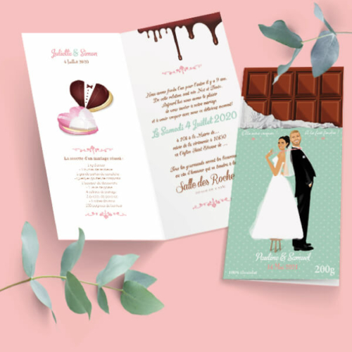 Faire-part de mariage original gourmand en forme de tablette de chocolat - Dessin Couple sur une tablette chocolat mint et rose poudré à pois et coeurs pastel - gourmandise chic et vintage – humour et drôle – candybar