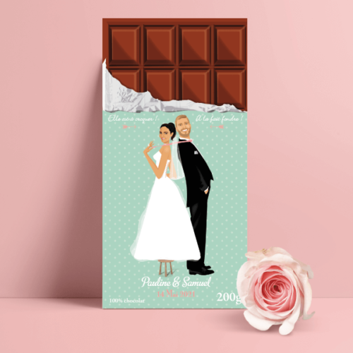 Faire-part de mariage original gourmand en forme de tablette de chocolat - Dessin Couple sur une tablette chocolat mint et rose poudré à pois et coeurs pastel - gourmandise chic et vintage – humour et drôle – candybar