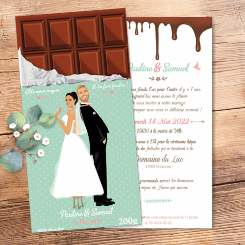 Faire-part de mariage original gourmand en forme de tablette de chocolat - Dessin Couple sur une tablette chocolat mint et rose poudré à pois et coeurs pastel - gourmandise chic et vintage – humour et drôle – candybar