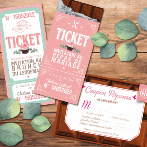 Faire-part de mariage original gourmand en forme de tablette de chocolat - Dessin Couple sur une tablette chocolat mint et rose poudré à pois et coeurs pastel - gourmandise chic et vintage – humour et drôle – candybar - coupons repas - ticket brunch du lendemain cupcake vintage - coupons réponse chocolat