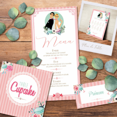 Faire-part de mariage original gourmand en forme de tablette de chocolat - Dessin Couple sur une tablette chocolat mint et rose poudré à pois et coeurs pastel - gourmandise chic et vintage – humour et drôle – candybar - menus de mariage - noms de table carton, plan de table de mariage gourmand, marque-place gourmand