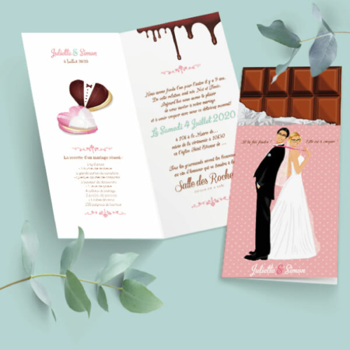 Faire-part de mariage original gourmand en forme de tablette de chocolat - Dessin Couple sur une tablette chocolat mint et rose poudré à pois et coeurs pastel - gourmandise chic et vintage – humour et drôle – candybar