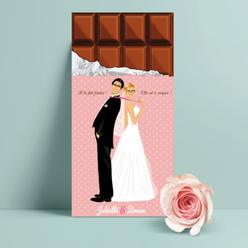 Faire-part de mariage original gourmand en forme de tablette de chocolat - Dessin Couple sur une tablette chocolat mint et rose poudré à pois et coeurs pastel - gourmandise chic et vintage – humour et drôle – candybar© www.studio-postscriptum.fr