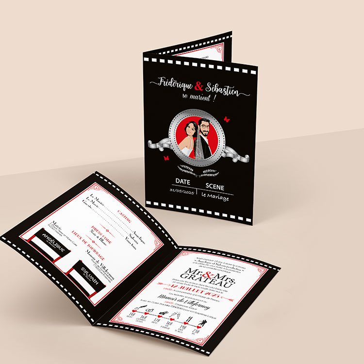 Faire-part de mariage cinéma avec clap et bobine de film - affiche avec ticket de cinéma rétro. Personnalisé avec vos portraits en dessin d'après photos -