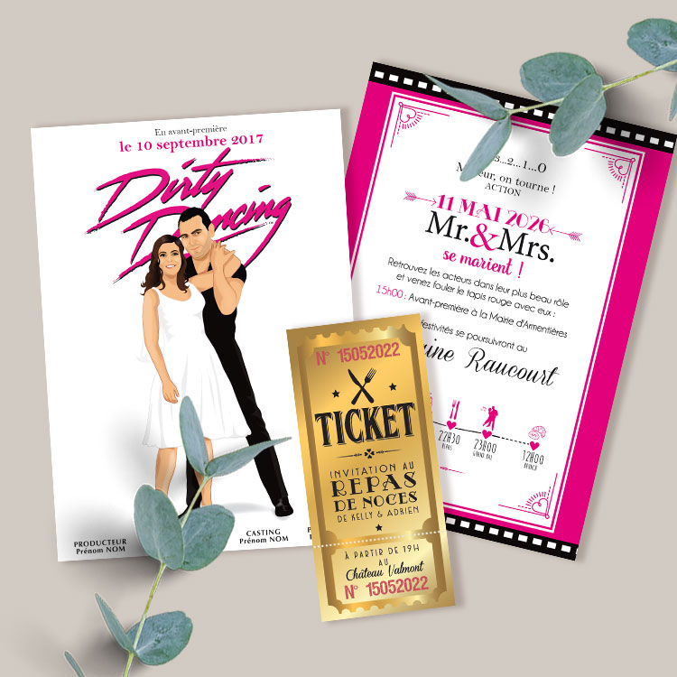 Faire-part de mariage cinéma Dirty Dancing - affiche avec ticket de cinéma rétro. Personnalisé avec vos portraits en dessin d'après photos.