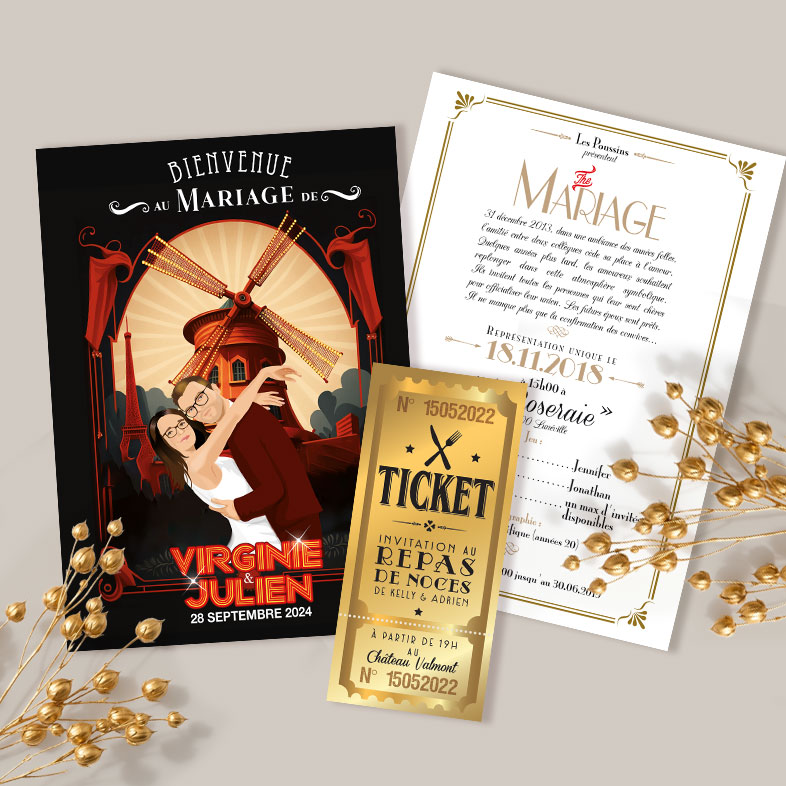 Faire-part de mariage cinéma Moulin Rouge cabaret - affiche avec ticket de cinéma rétro. Personnalisé avec vos portraits en dessin d'après photos.