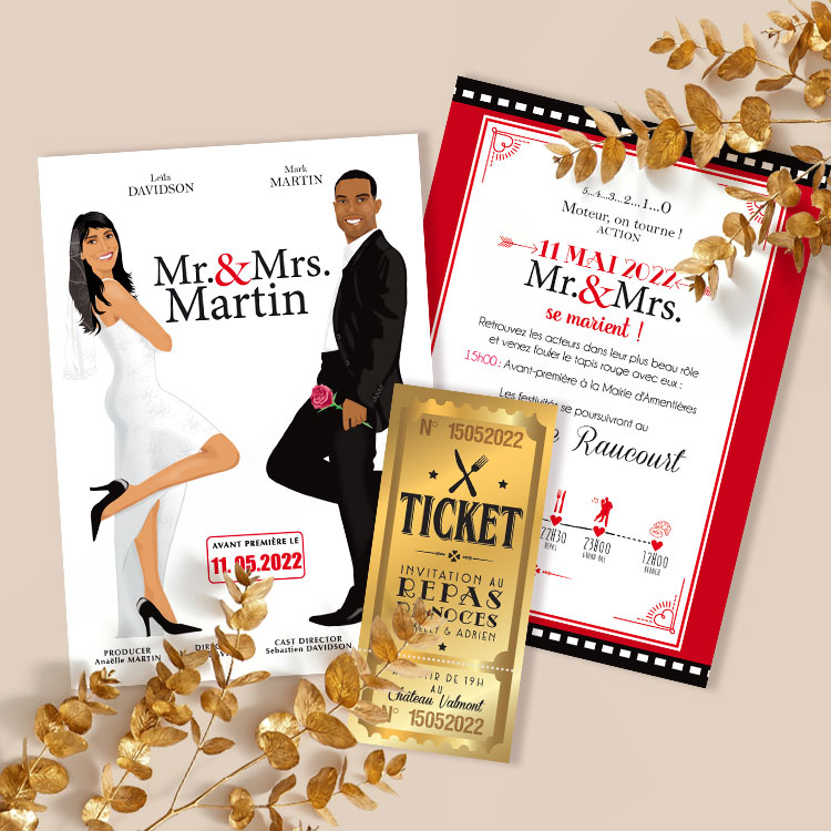 Faire-part de mariage cinéma Mr & Mrs Smith - affiche avec ticket de cinéma rétro. Personnalisé avec vos portraits en dessin d'après photos.