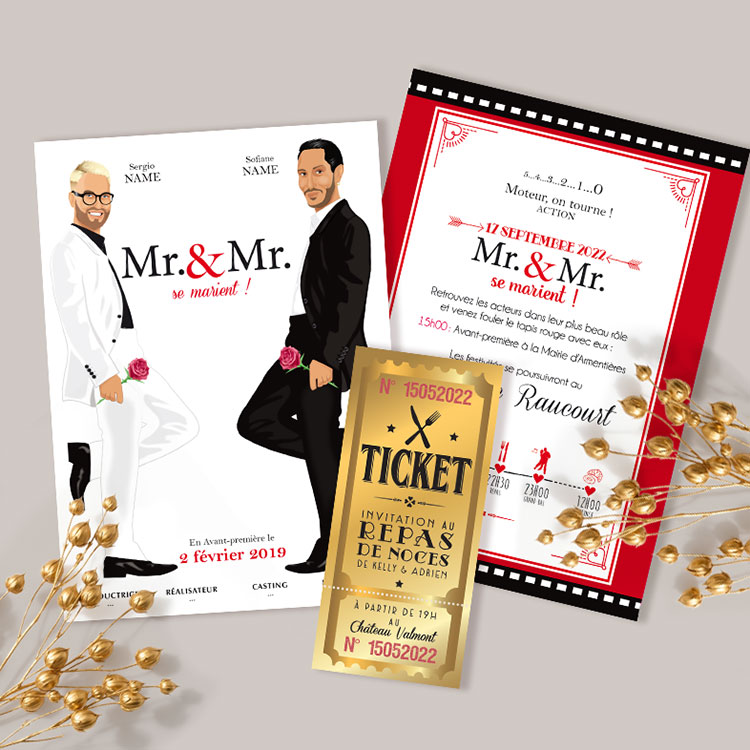 Faire-part de mariage cinéma Mr & Mr Smith - affiche avec ticket de cinéma rétro. Personnalisé avec vos portraits en dessin d'après photos - couple d'hommes LGBT