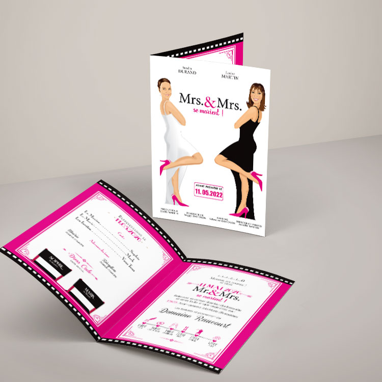 Faire-part de mariage cinéma Mrs & Mrs Smith - affiche avec ticket de cinéma rétro. Personnalisé avec vos portraits en dessin d'après photos - couple de femmes LGBT