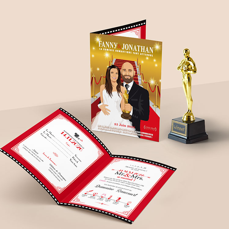 Faire-part de mariage cinéma - tapis rouge des oscars d'Hollywood- affiche avec ticket de cinéma rétro. Personnalisé avec vos portraits en dessin d'après photos.