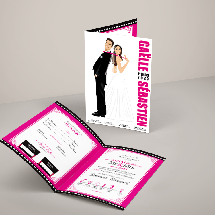 Faire-part de mariage cinéma pretty woman - affiche avec ticket de cinéma rétro. Personnalisé avec vos portraits en dessin d'après photos.
