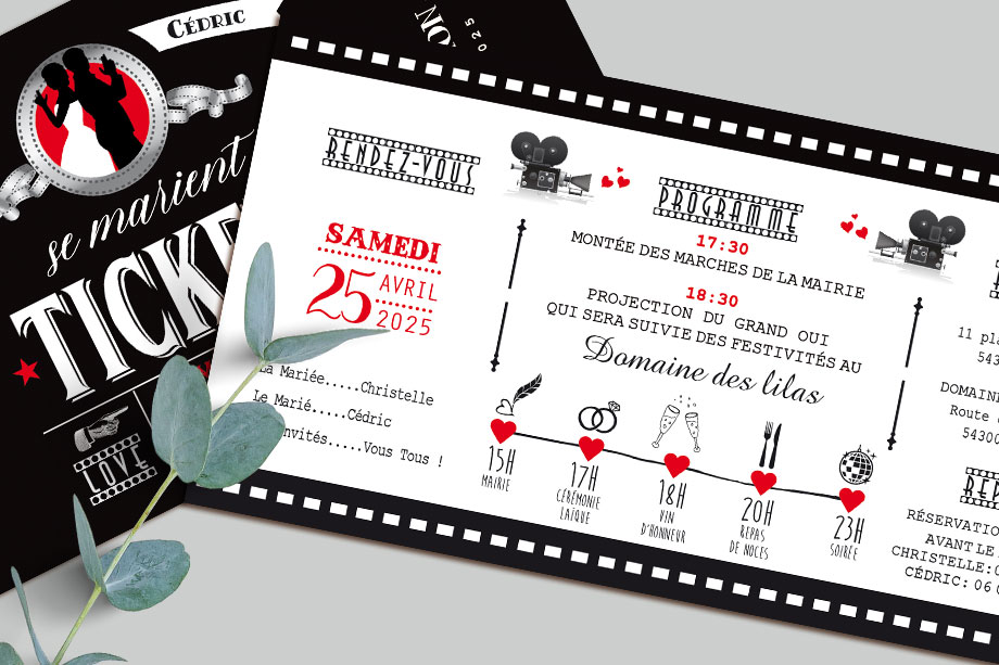 Faire-part original sous forme de billets ou de tickets de cinéma vintage rétro. Thème Cinéma vintage avec bobine de film. Avec ticket d'or pour le repas. Invitation noir blanc et rouge pour mariage, Baptême, anniversaire, bar mitzvah.