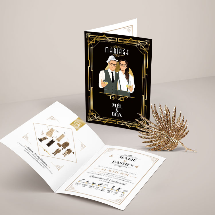 Faire-part de mariage LGBT Art Déco noir et or avec portraits personnalisés de deux mariées et ticket d'invitation doré.