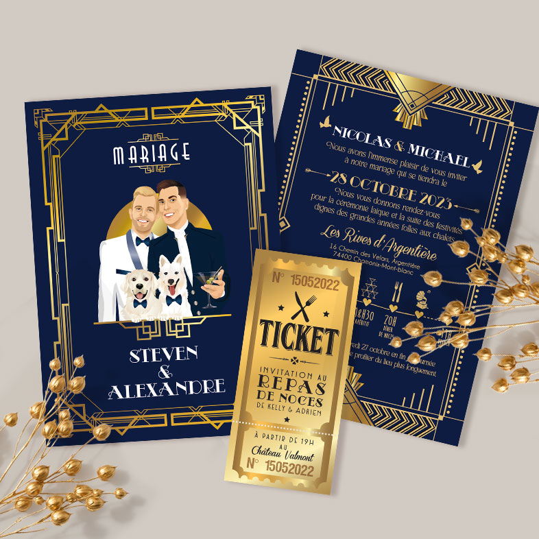 Faire-part de mariage LGBT Art Déco bleu marine et or avec portraits illustrés de deux mariés et leurs chiens, style rétro chic.