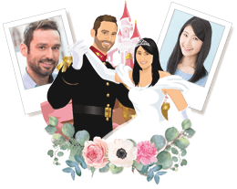 Faire-part mariage original thème princesse chic, il était une fois, livre conte de fées, Cendrillon. Couple en dessin d’après vos photos avec diadème carrosse et château Disney de la belle au bois dormant. Style romantique chic. Couleurs or doré, rose et bleu. Invitation de mariage avec programme en ligne avec horaires, pictogrammes et dessins. Création de Pamela Gonzalez pour le studio postscriptum