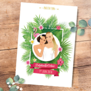 Faire-part de mariage original voyage – dessin d’après photos. Couple de mariés – île tropical avec plantes et fleurs exotiques - mariage gay