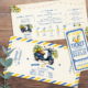 Invitation ou faire-part original bleu et jaune citron sous forme de billets ou de tickets champêtre vintage.Thème bohème Dolce vita vintage avec mobylette vespa bleu et citrons jaunes. Invitation aquarelle pour mariage, Baptême, anniversaire, bar mitzvah.