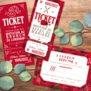 Coupons repas pour invitation de mariage chic et élégant - thème romantique chic rouge blanc avec roses rouges. Style amour passion chic - plan de table, menu, noms de table, marque-place, nominette, numéro de table