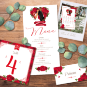 Décoration pour invitation de mariage chic et élégant - thème romantique chic rouge blanc avec roses rouges. Style amour passion chic - plan de table, menu, noms de table, marque-place, nominette, numéro de table