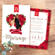 Faire-part mariage original thème fleurs nature roses rouges en coeur, amour passion. Invitation chic vintage et romantique rouge et blanc