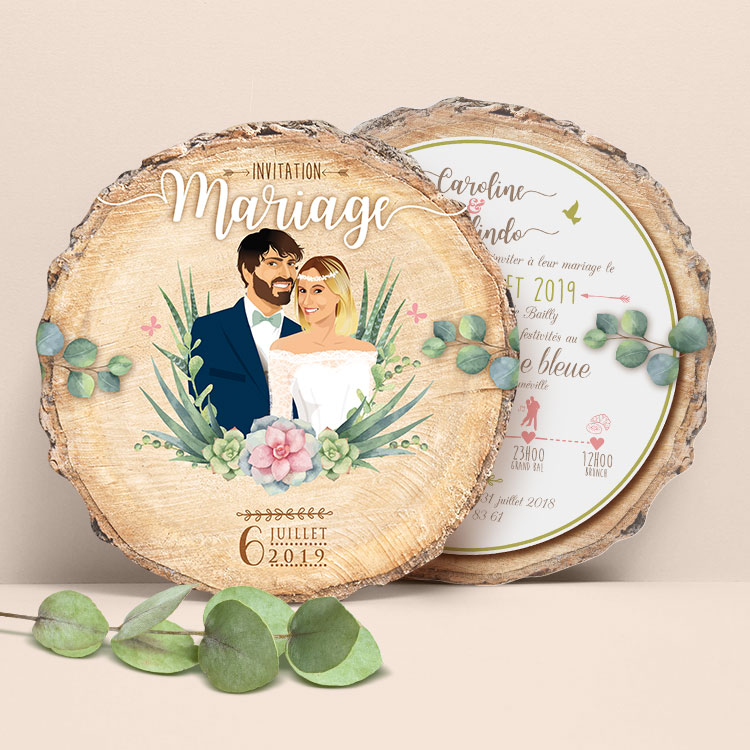 faire-part-mariage-boheme-bois-pastel-fleurs Faire-part de mariage original effet rondin de bois rose et vert pastel, plantes et illustration personnalisée