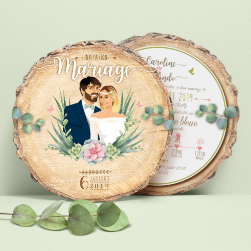 faire-part-mariage-boheme-bois-pastel-rose-vert Faire-part de mariage original effet rondin de bois rose et vert pastel, plantes et illustration personnalisée
