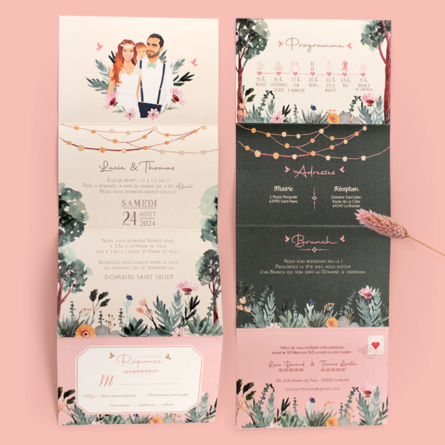 Faire-part de mariage bohème guinguette chic original – thème boho jardin vintage pastel - Invitation avec portrait de couple - dessin d’après vos photos. Vieux rose, vert foncé et mint