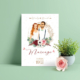 Faire-part de mariage bohème chic pastel original. Invitation minimaliste élégante chic avec illustration couple en dessin d’après vos photos. Fleurs couleurs rose pastel et bordeaux et feuilles d'eucalyptus