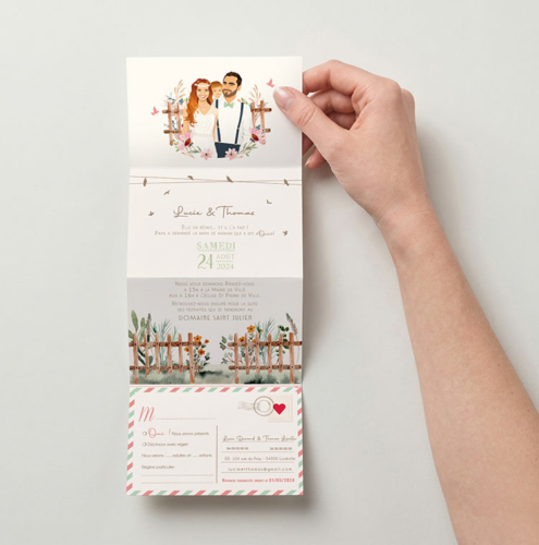 faire-part-mariage-boheme-fleurs-jardin-pastel-plie-accordeon-original Vous recherchez un faire-part de mariage bohème chic et pastel. Voici un modèle parfait, vraiment original et personnalisé avec vos portraits en dessin d’après vos photos. L'invitation se déplie comme un accordéon avec aquarelle d'un jardin guinguette vintage aux couleurs pastel rose poudré et vert sauge.