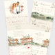 Faire-part de mariage bohème original avec aquarelle d'un jardin guinguette vintage aux couleurs pastel. Invitation avec portrait de couple - dessin d’après vos photos. Rose et vert sauge.
