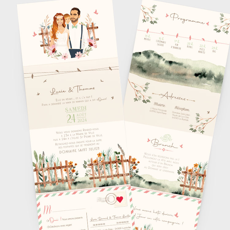 faire-part-mariage-boheme-fleurs-jardin-pastel-plie-accordeon-timeline Faire-part de mariage bohème original avec aquarelle d'un jardin guinguette vintage aux couleurs pastel. Invitation avec portrait de couple - dessin d’après vos photos. Rose et vert sauge.