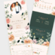 Faire-part de mariage bohème chic original couleur rose poudré, pêche abricot, orange corail, vert foncé et vert mint. Invitation originale pour rétro garden party