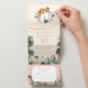 Faire-part de mariage bohème chic nature original – thème boho jardin guinguette vintage pastel - Invitation avec portrait de couple - dessin d’après vos photos. Vieux rose, vert foncé et mint
